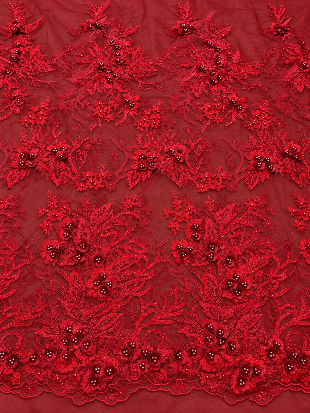 Obel Beaded 3D Tulle Floral Fabric - Burgundy