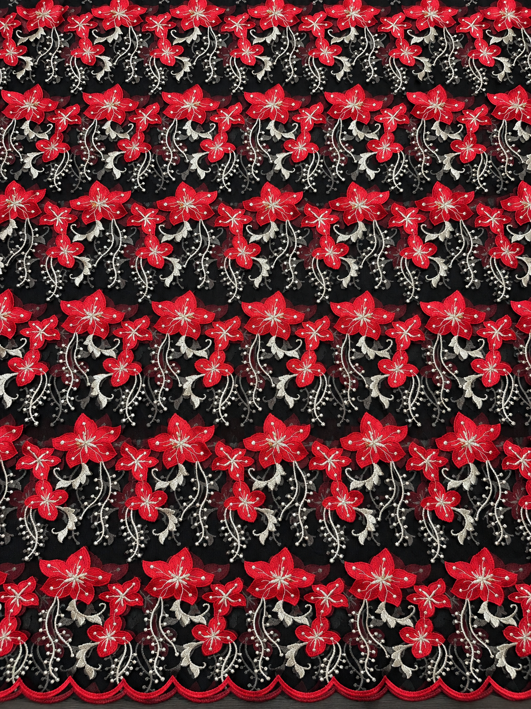 Robel Beaded Tulle Floral Fabric - Red/Black/Beige