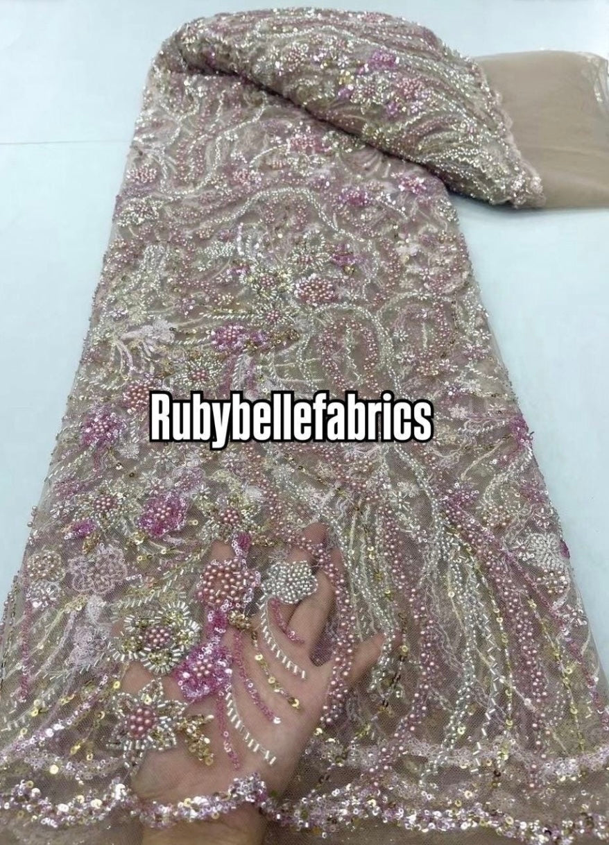 Oyce Luxury Floral Beaded Fabric - Blush Pink