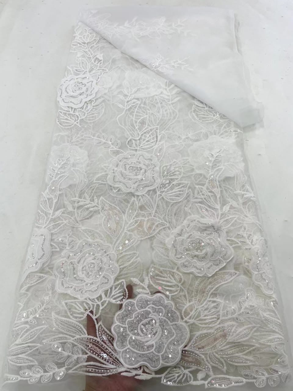 Rixo 3D Sequin Beaded Quality Floral Fabric - White