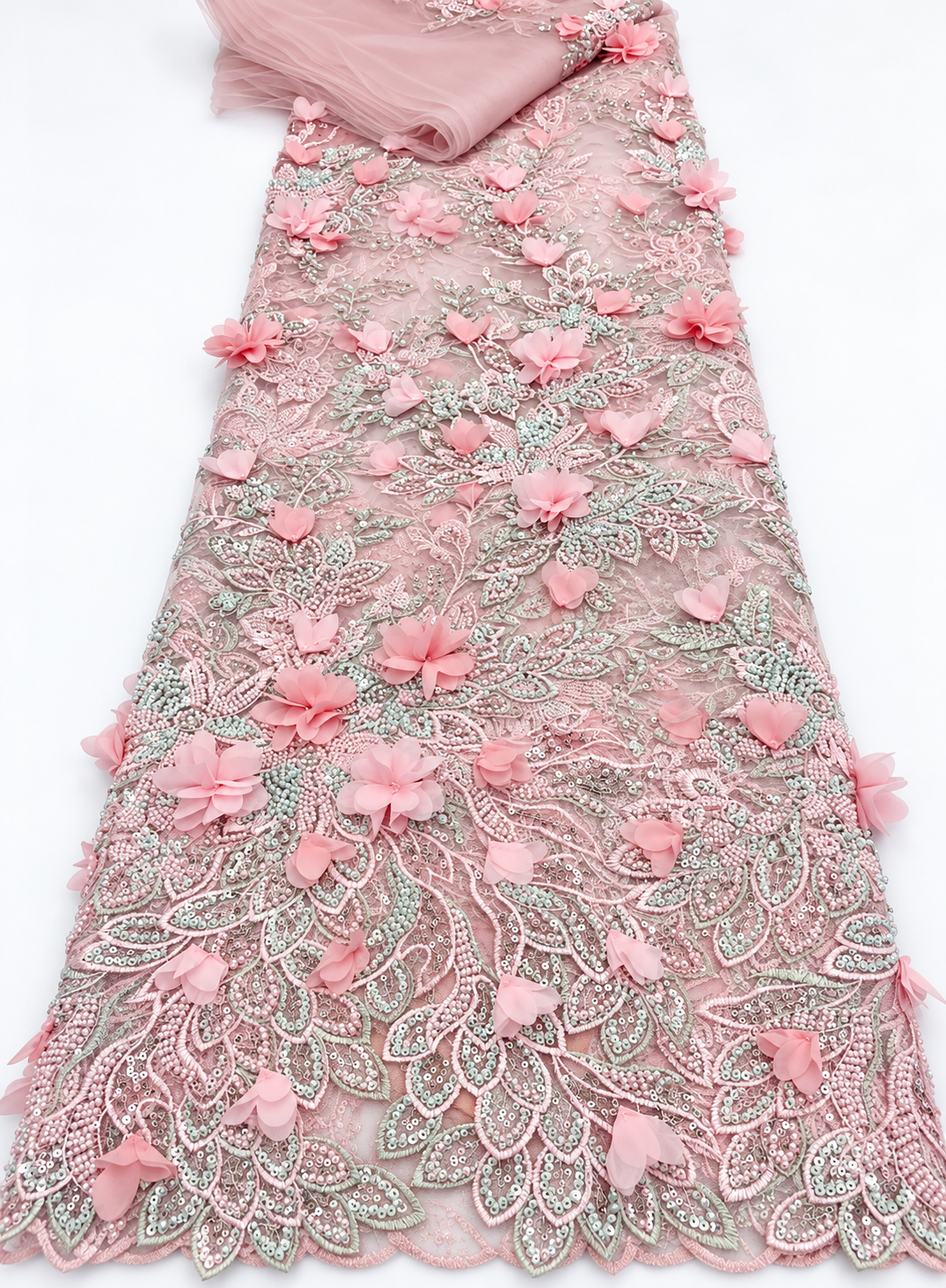 Rivia Beaded Luxury Floral 3D Fabric - Pink