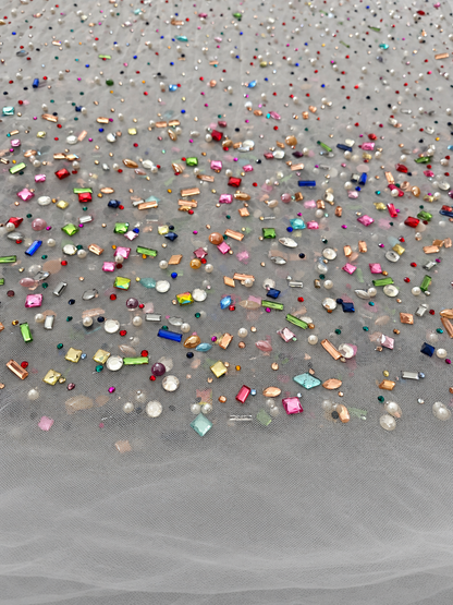 Multicolor Rhinestone & Pearl Embellished White Tulle Fabric