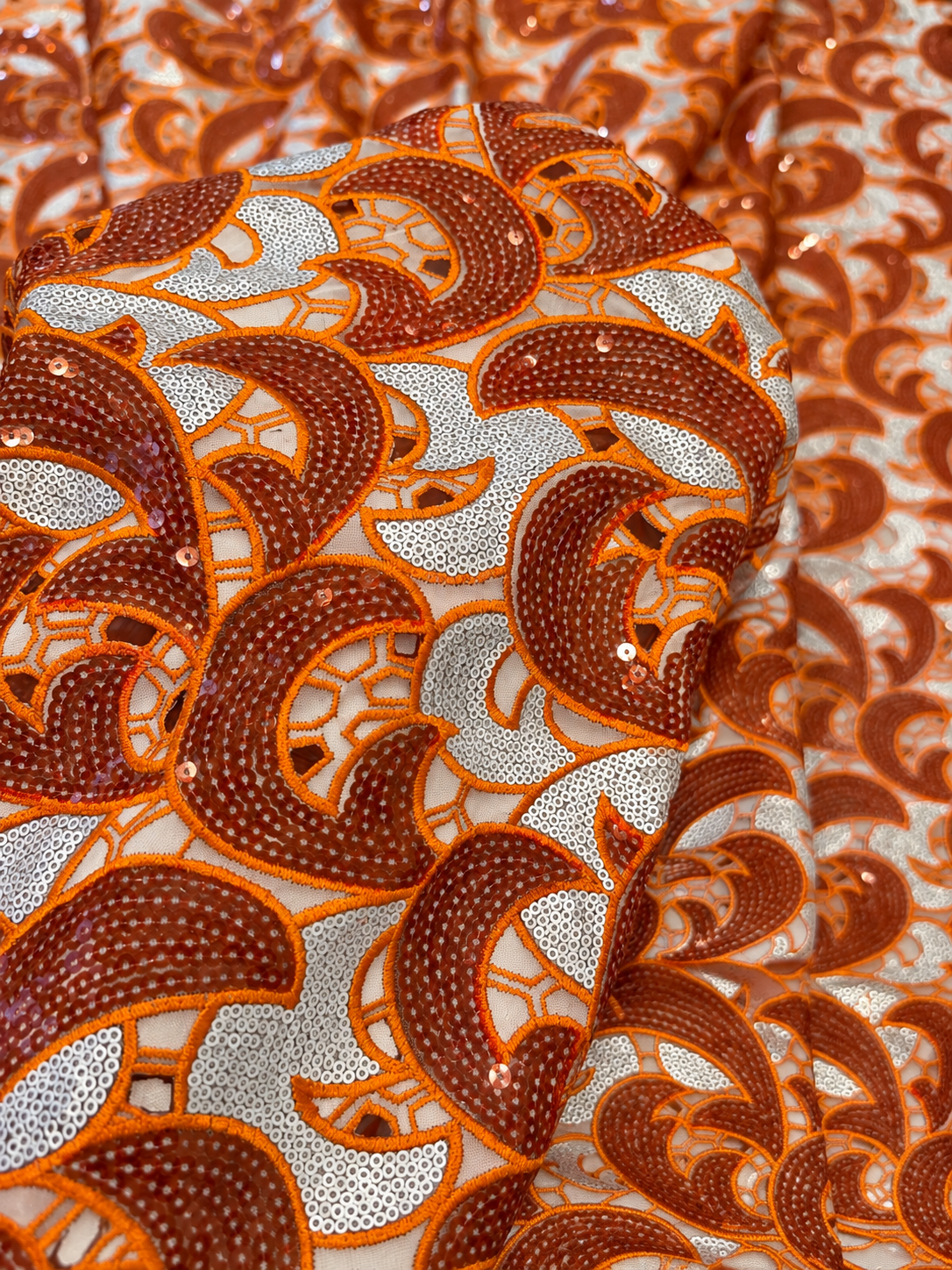 Uote Sparkling Sequin Organza Fabric - Orange/Silver