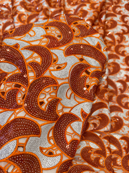 Uote Sparkling Sequin Organza Fabric - Orange/Silver