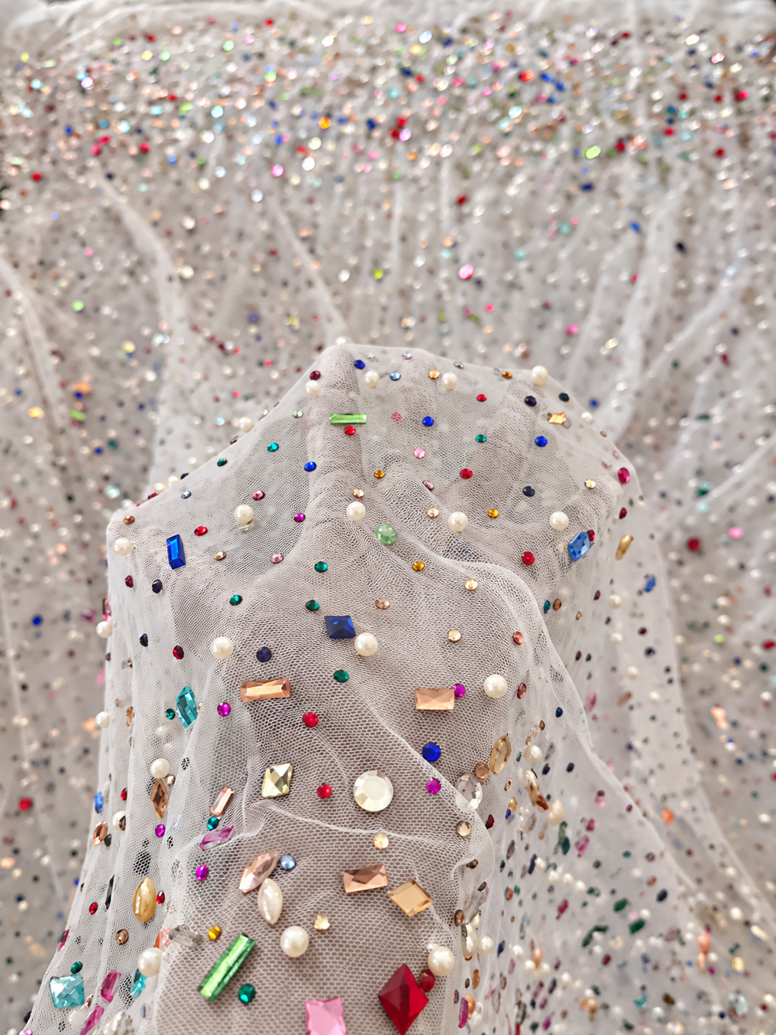 Multicolor Rhinestone & Pearl Embellished White Tulle Fabric