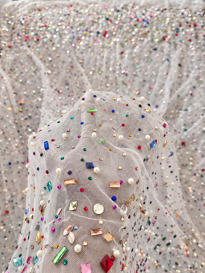 Multicolor Rhinestone & Pearl Embellished White Tulle Fabric