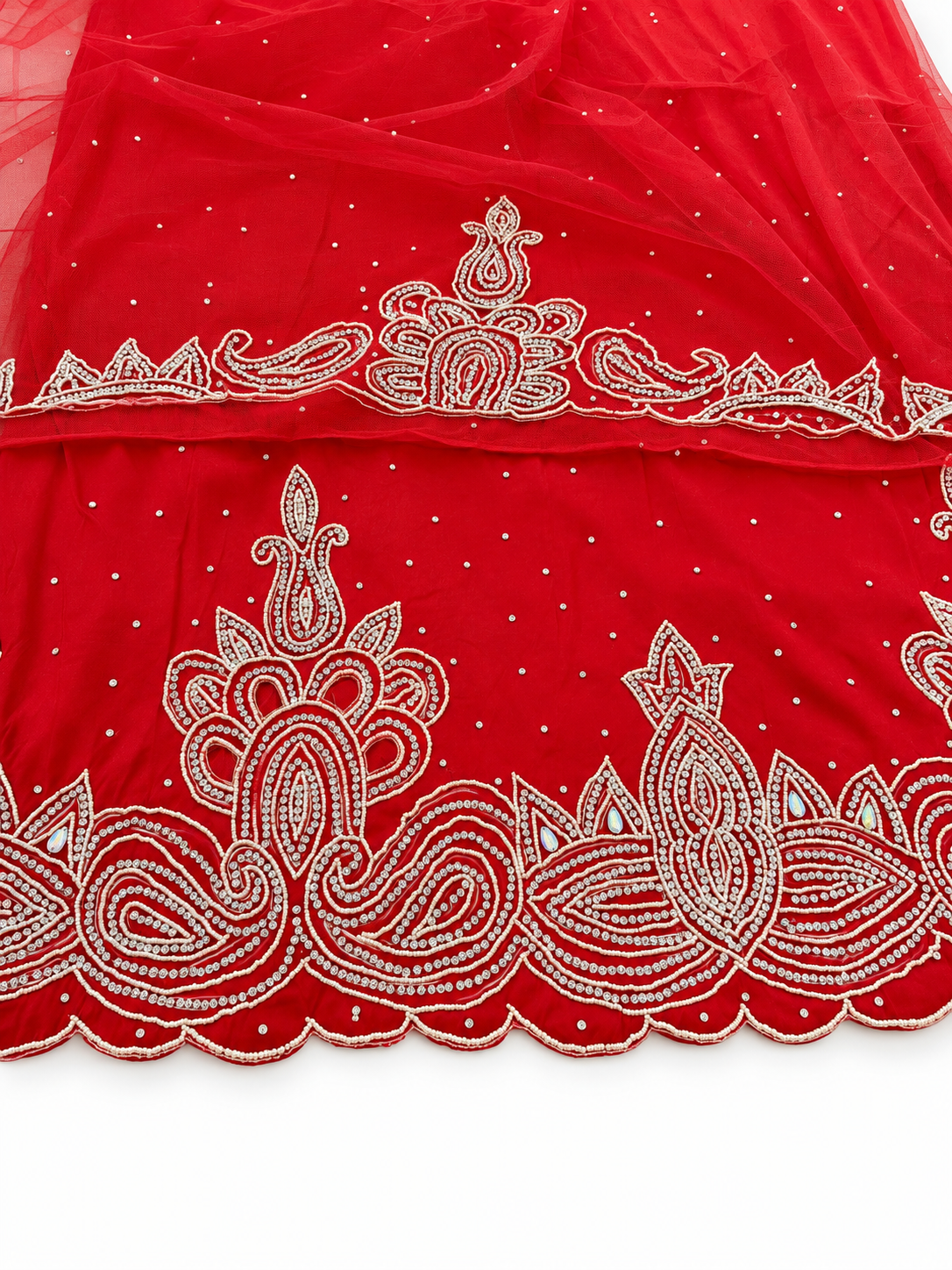 6.5 Yards Red Taffeta Tulle Fabric with Embellishments