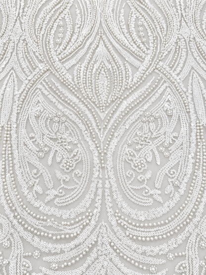 Erse Sequin Beaded Quality Fabric - White