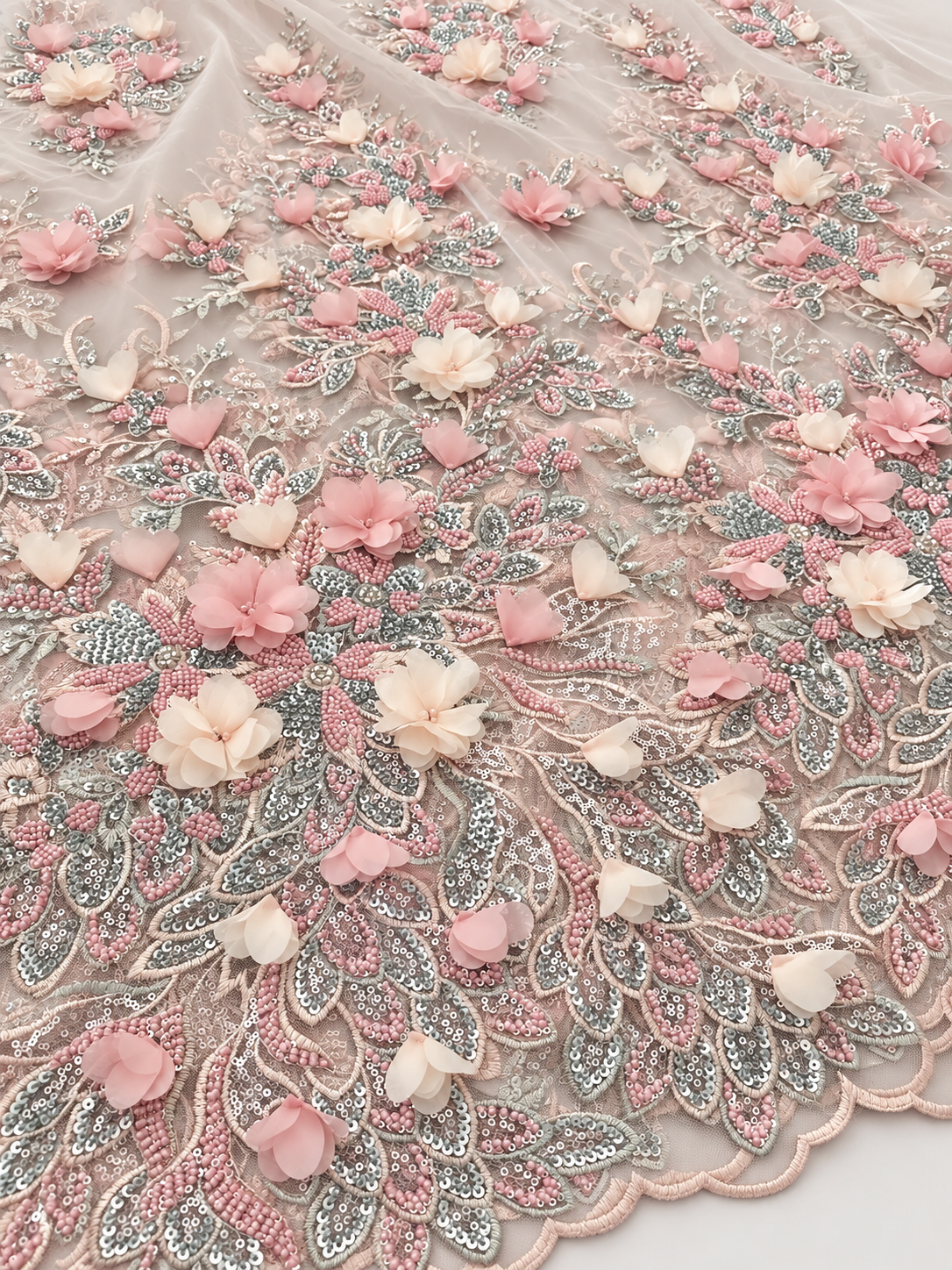 Rivia Beaded Luxury Floral 3D Fabric - Blush Pink