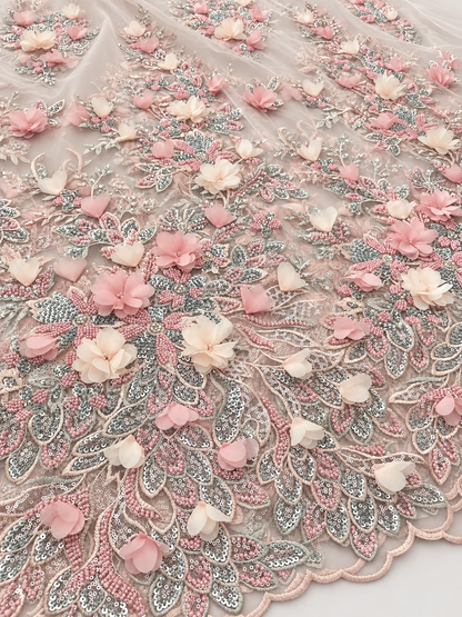 Rivia Beaded Luxury Floral 3D Fabric - Blush Pink