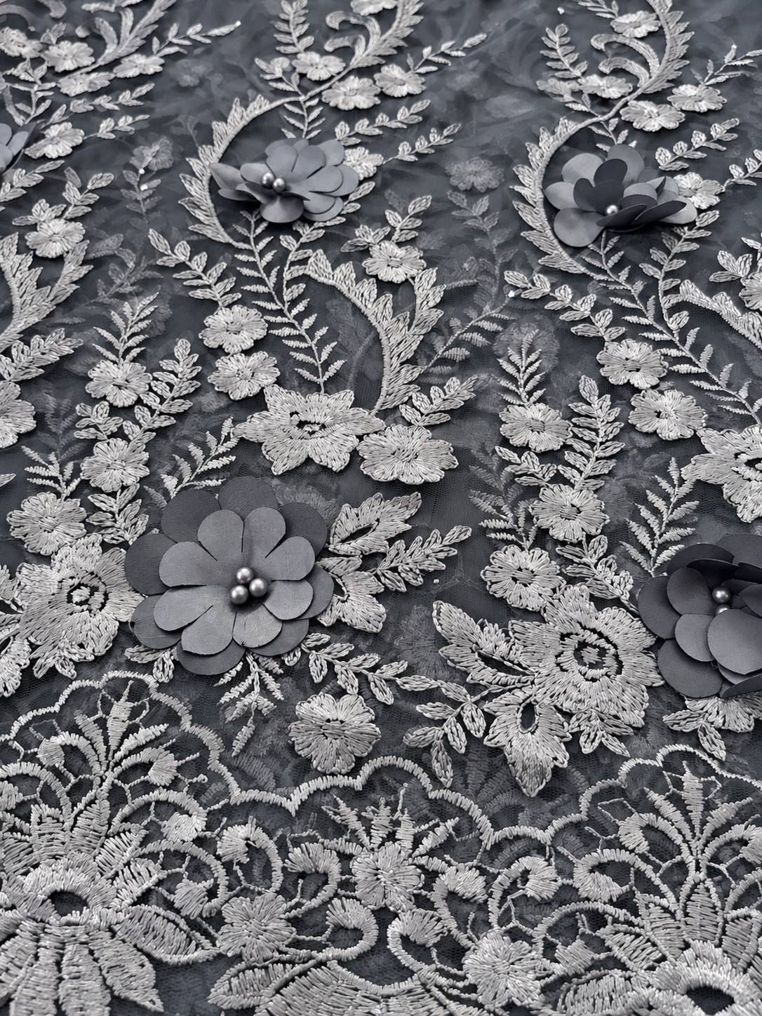 Homilo 3D Beaded Floral Fabric - Grey