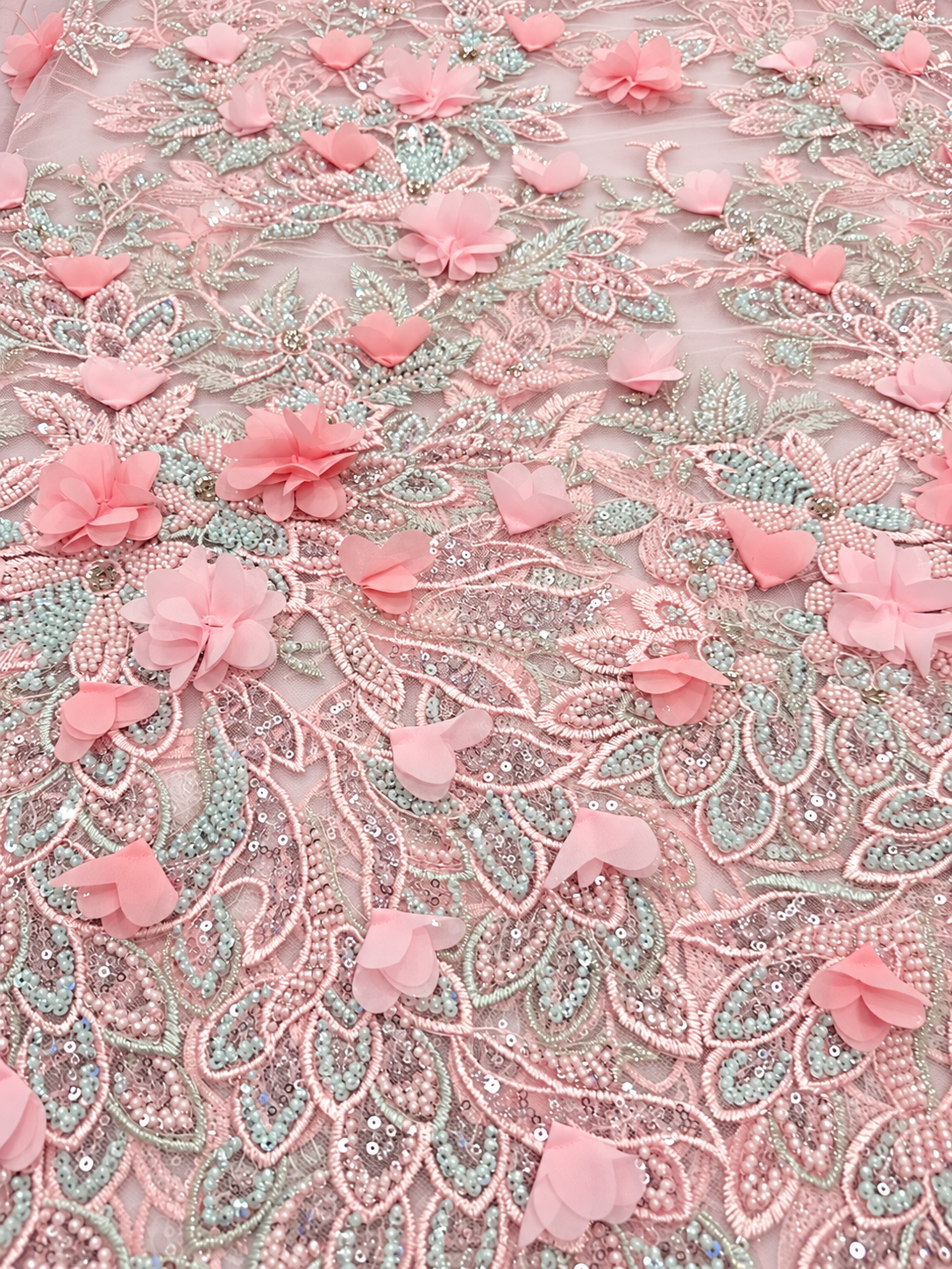 Rivia Beaded Luxury Floral 3D Fabric - Pink