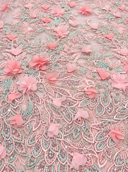Rivia Beaded Luxury Floral 3D Fabric - Pink