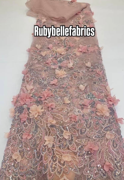 Rivia Beaded Luxury Floral 3D Fabric - Blush Pink