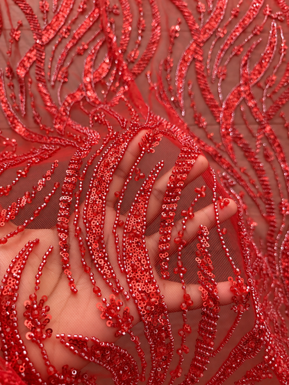 Ystal Luxury High Quality Beaded Fabric - Red