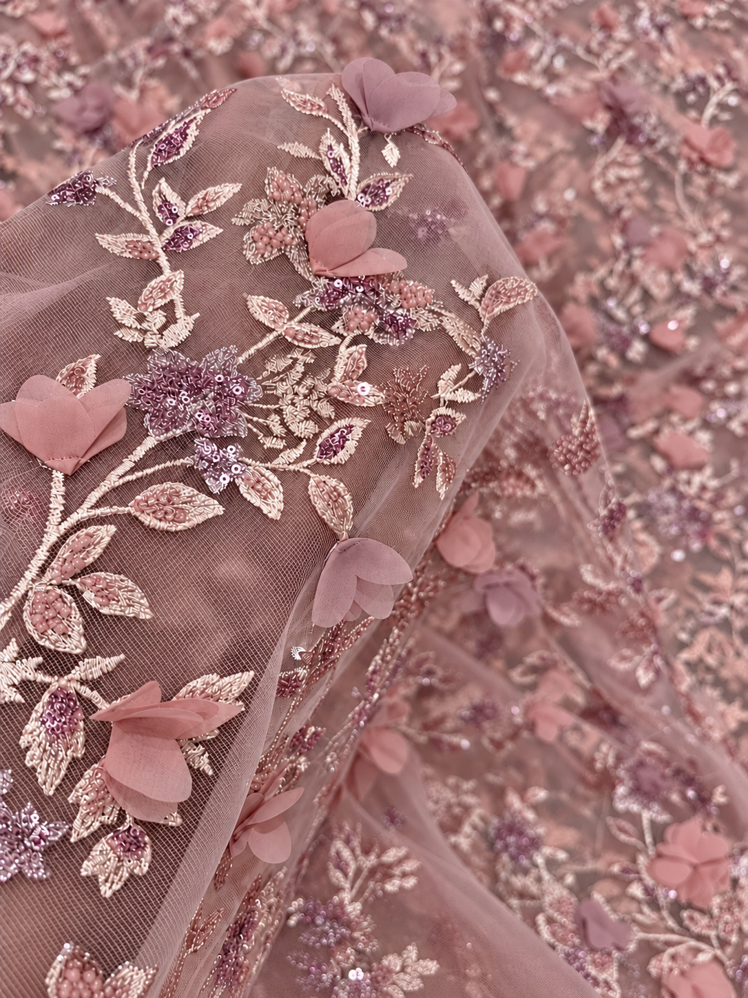 Dillion Quality Floral Beaded 3D Fabric - Blush Pink