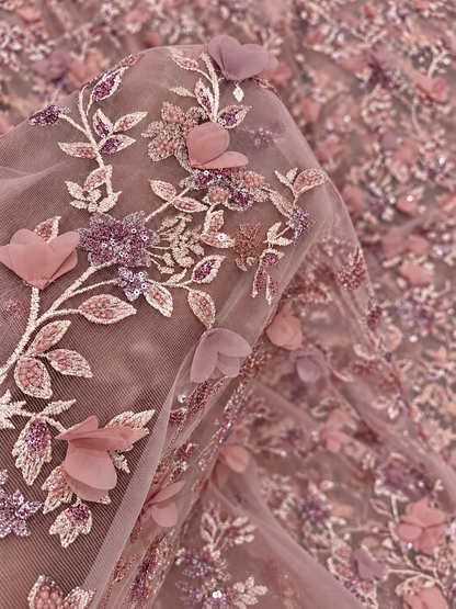 Dillion Quality Floral Beaded 3D Fabric - Blush Pink