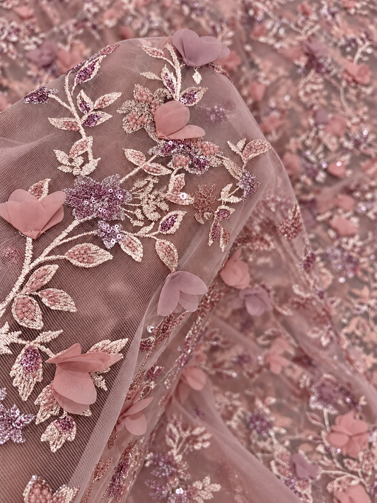 Dillion Quality Floral Beaded 3D Fabric - Blush Pink