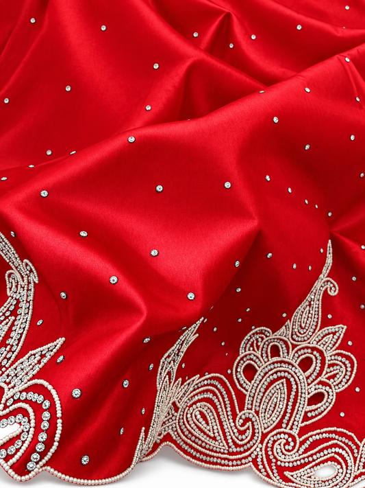 6.5 Yards Red Taffeta Tulle Fabric with Embellishments