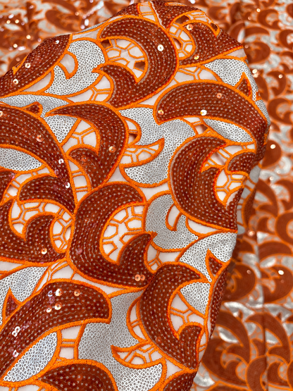 Uote Sparkling Sequin Organza Fabric - Orange/Silver