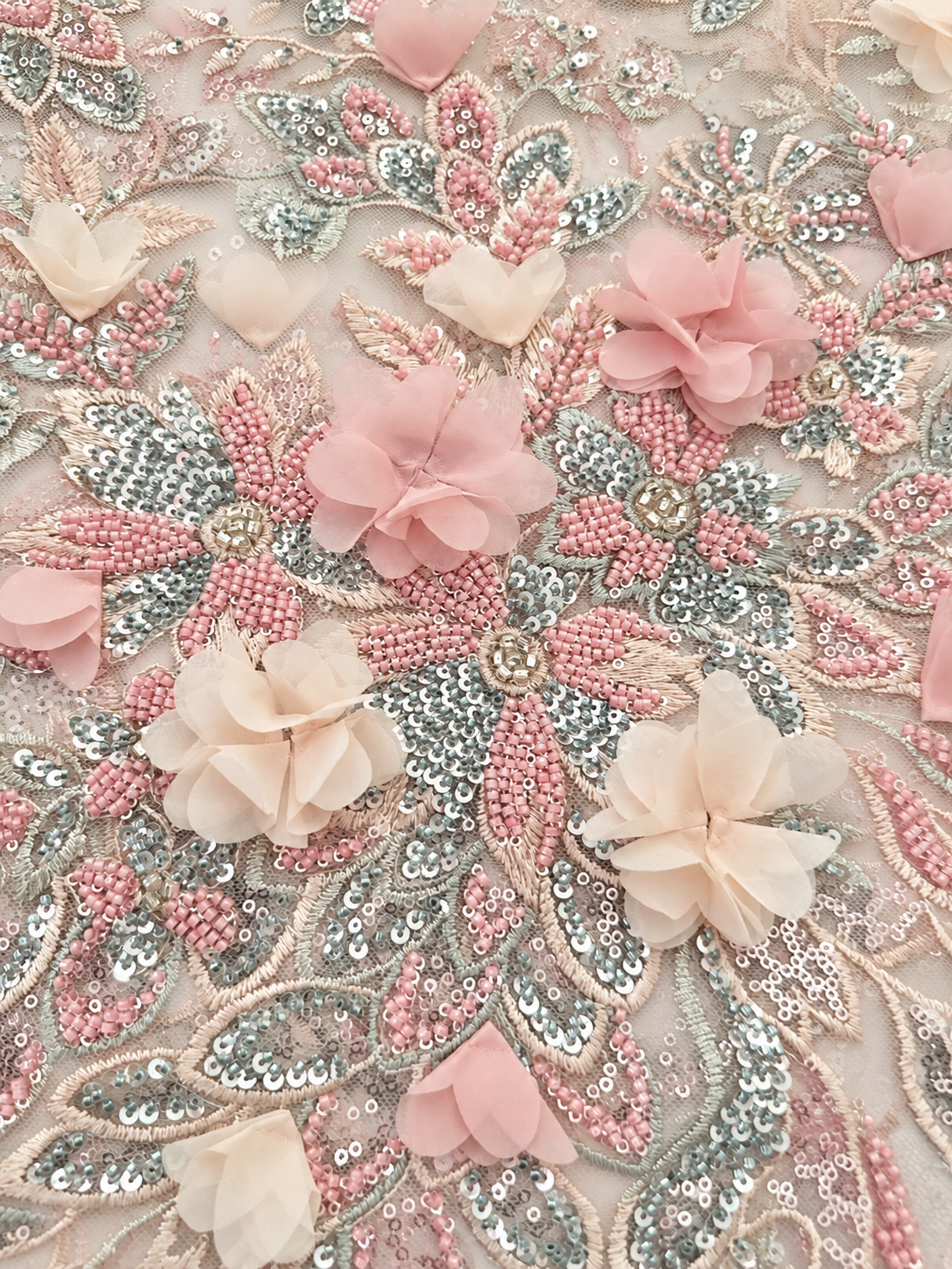 Rivia Beaded Luxury Floral 3D Fabric - Blush Pink