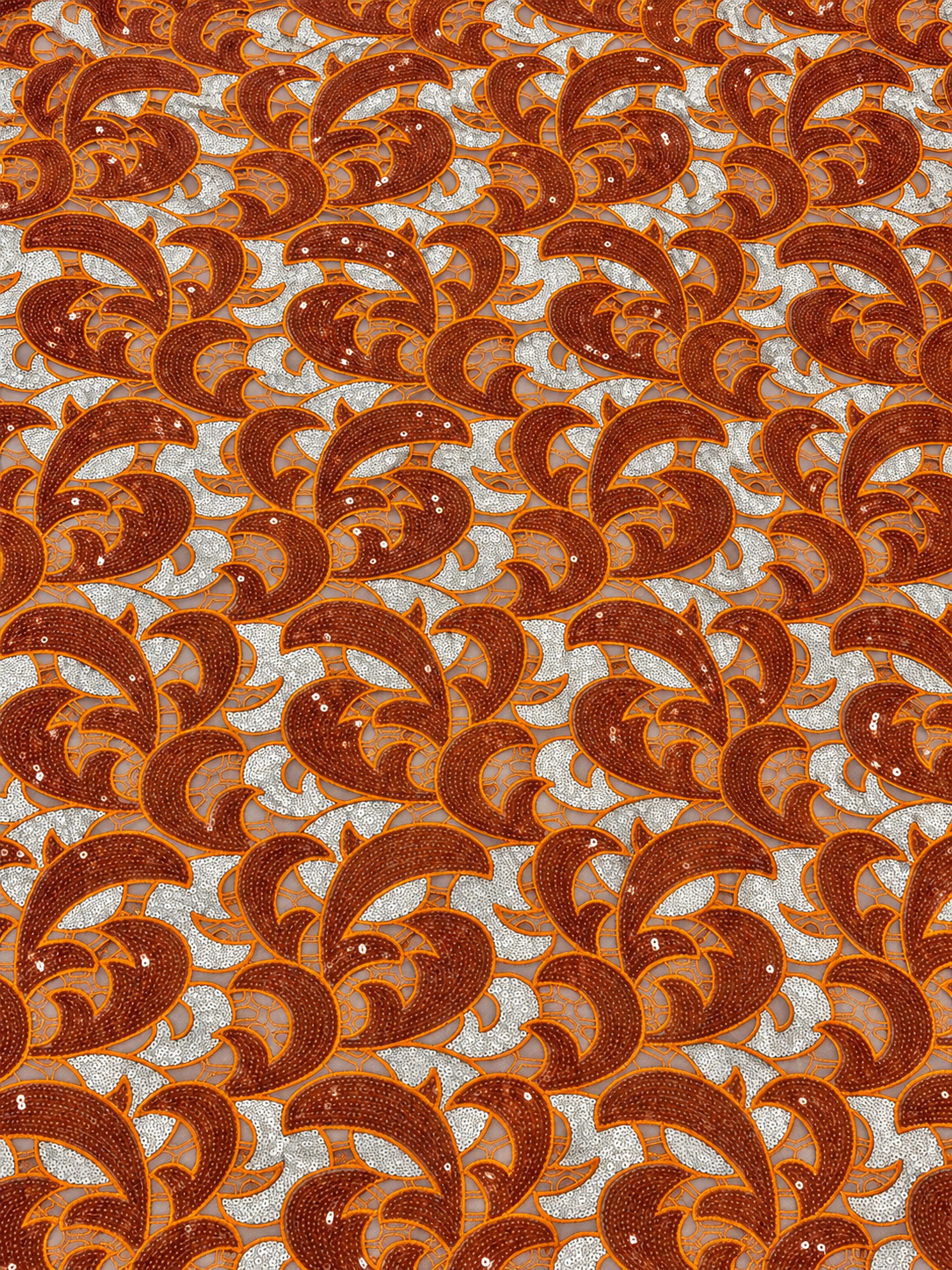 Uote Sparkling Sequin Organza Fabric - Orange/Silver