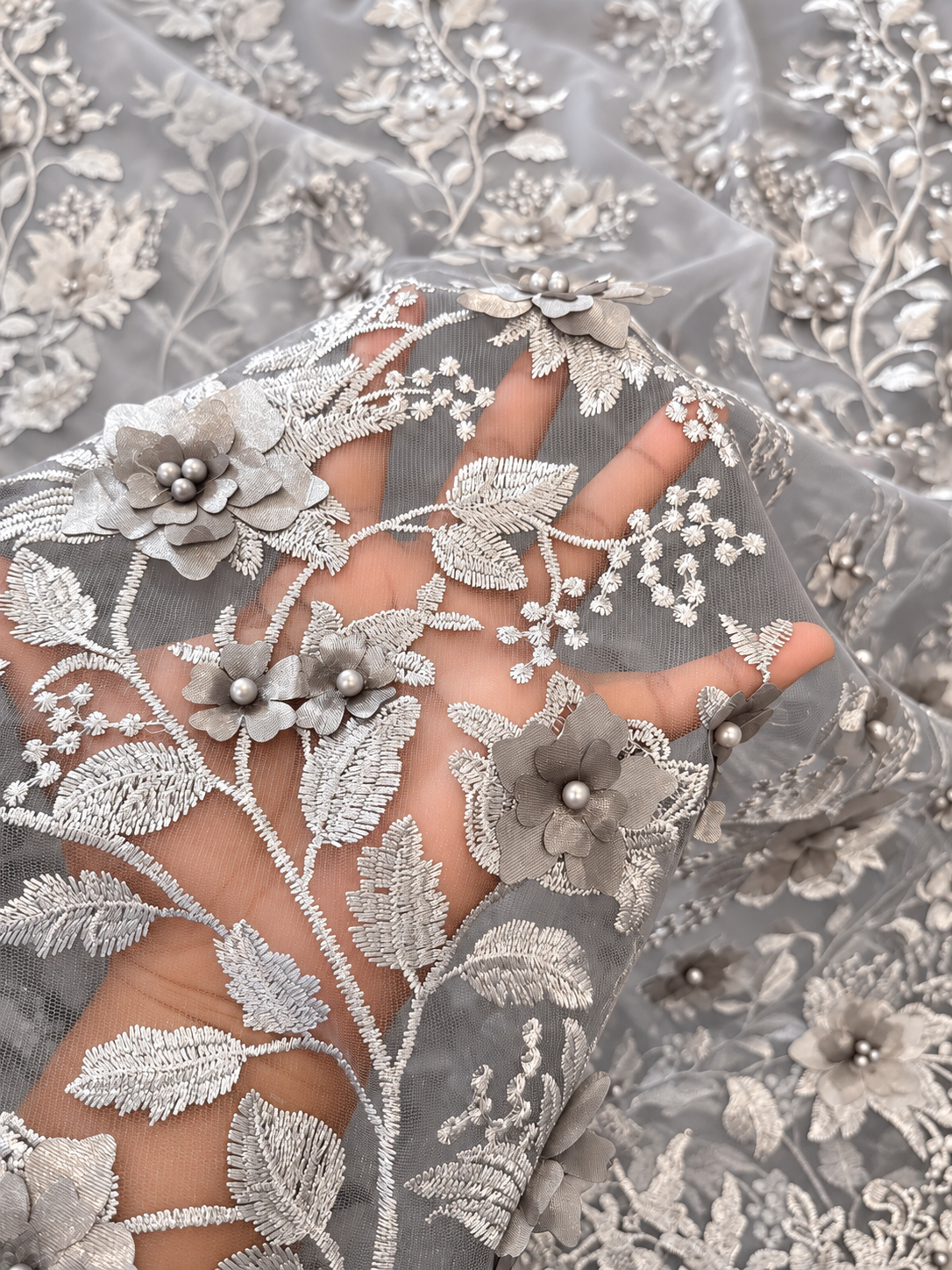 Ollo 3D Floral Fabric - Grey