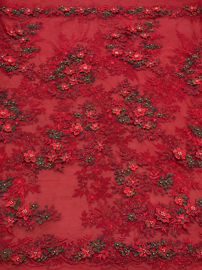 Arissa Beaded 3D Tulle Floral Fabric - Burgundy