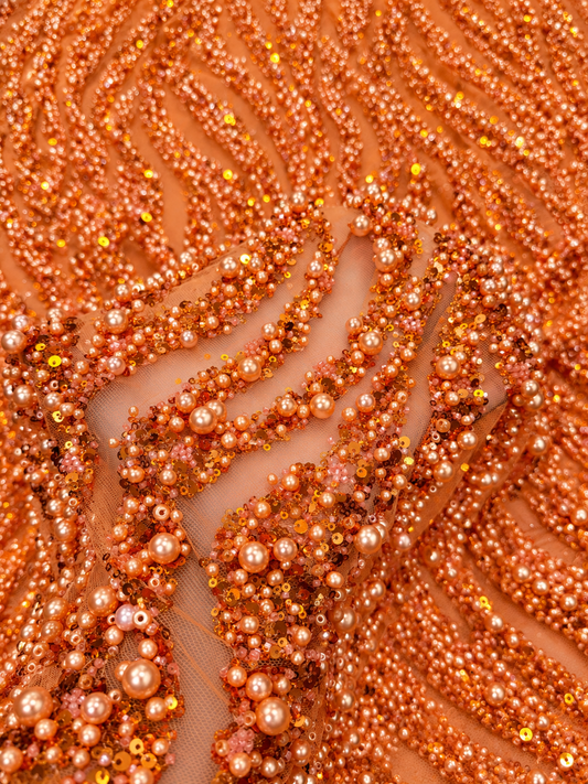 Ebra Pearls Beads Lace Fabric - Orange