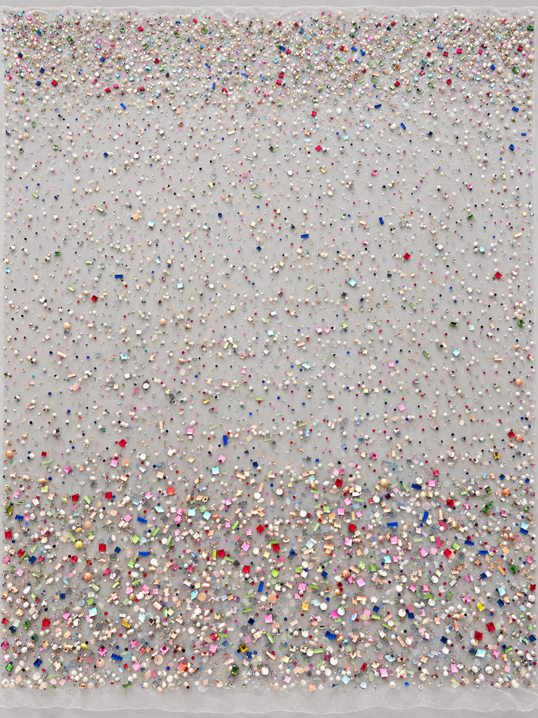 Multicolor Rhinestone & Pearl Embellished White Tulle Fabric