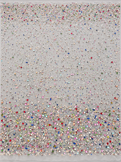 Multicolor Rhinestone & Pearl Embellished White Tulle Fabric