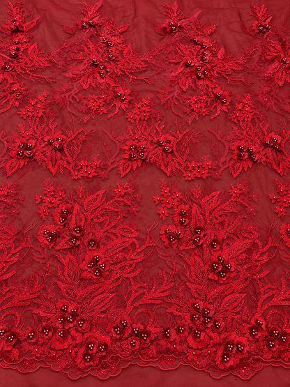 Obel Beaded 3D Tulle Floral Fabric - Burgundy