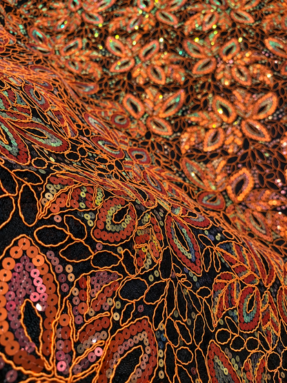 Opoly Sparkling Sequin Organza Fabric - Orange/Black