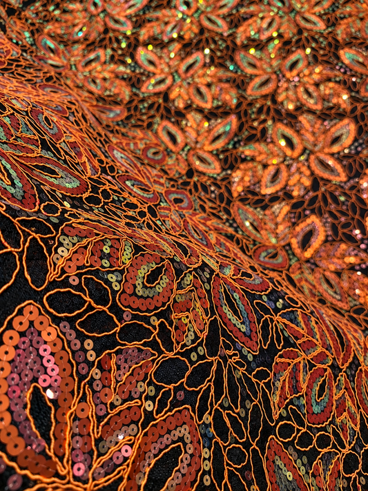 Opoly Sparkling Sequin Organza Fabric - Orange/Black