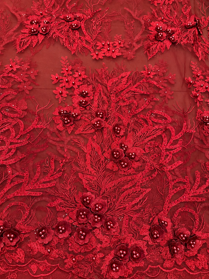 Obel Beaded 3D Tulle Floral Fabric - Burgundy