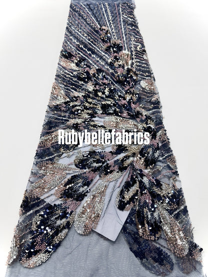 Luxury Feather Pattern Sequin Beaded Lace Fabric