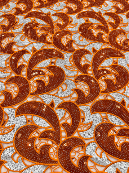 Uote Sparkling Sequin Organza Fabric - Orange/Silver