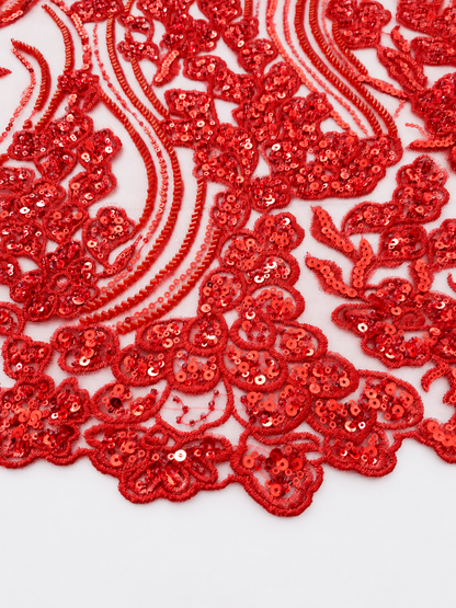 Ackley Beaded Tulle Floral Fabric - Red