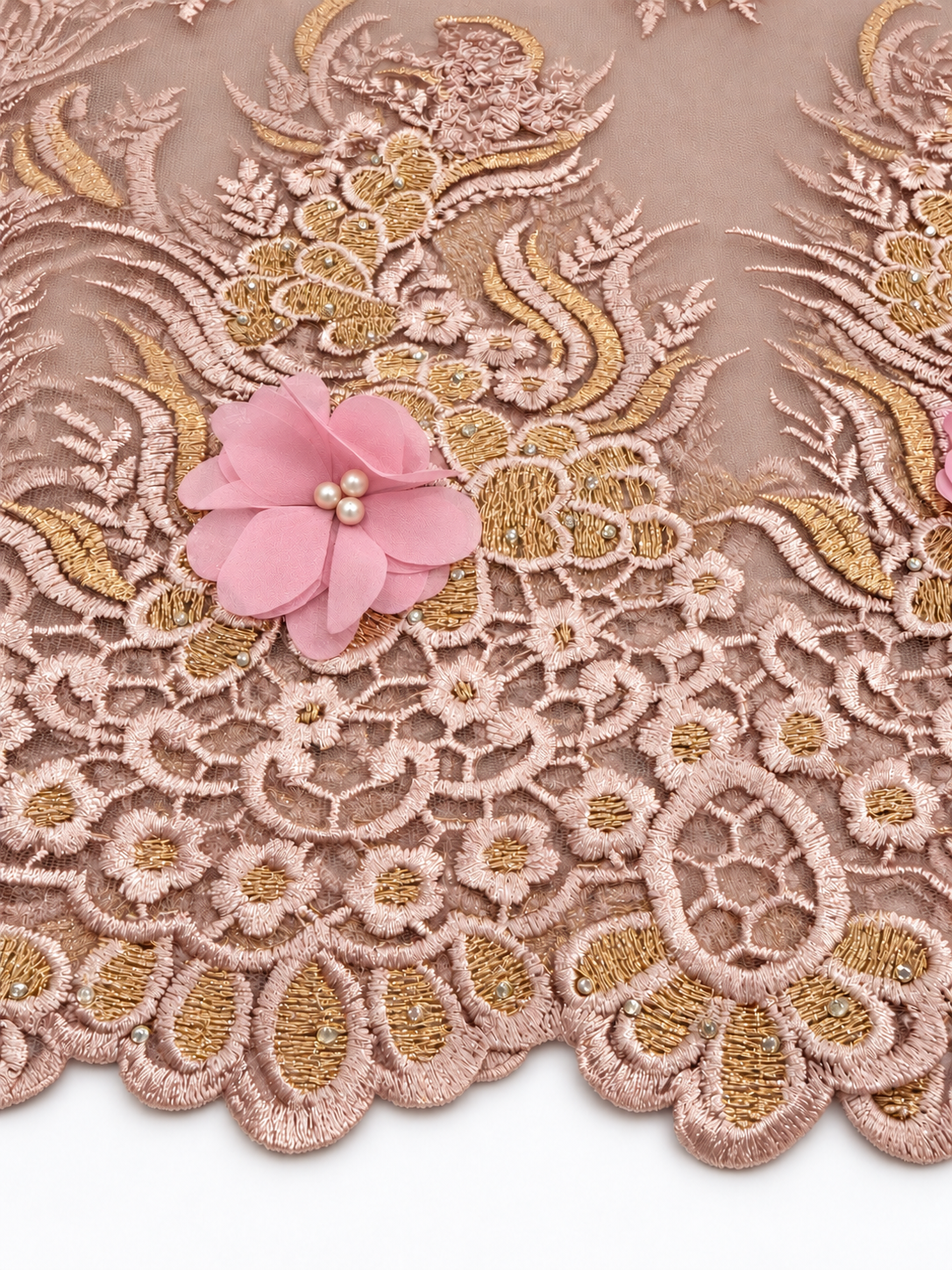 Filex Beaded 3D Tulle Floral Fabric - Blush/Pink