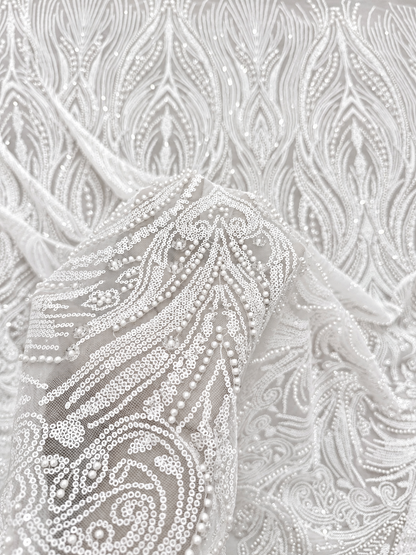 Erse Sequin Beaded Quality Fabric - White
