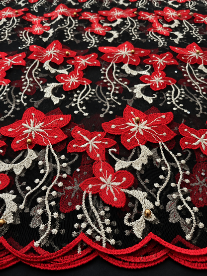 Robel Beaded Tulle Floral Fabric - Red/Black/Beige
