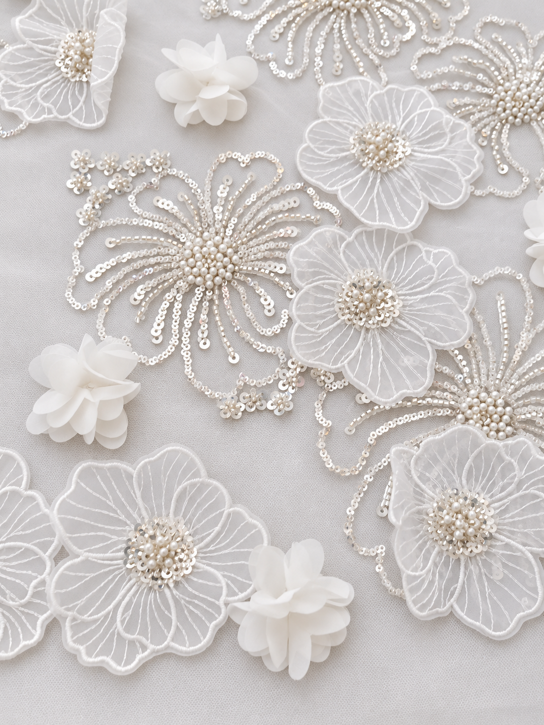 Nilox 3D Sequin Beaded Quality Floral Fabric - White