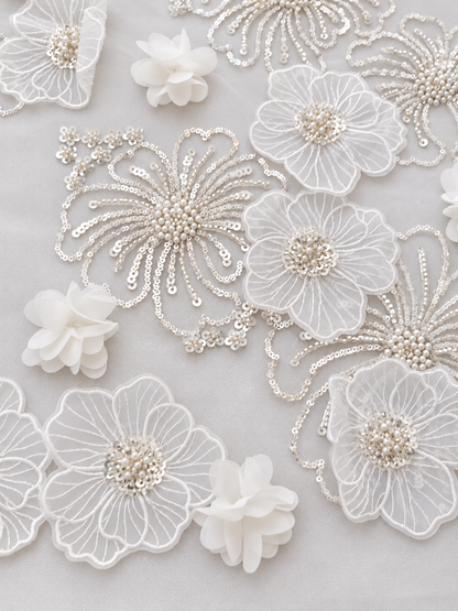 Nilox 3D Sequin Beaded Quality Floral Fabric - White
