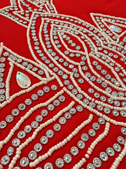 6.5 Yards Red Taffeta Tulle Fabric with Embellishments