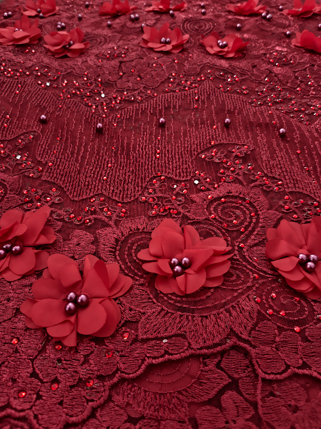 Iola Beaded 3D Tulle Floral Fabric - Burgundy