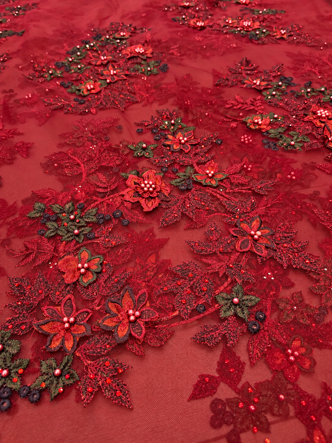 Arissa Beaded 3D Tulle Floral Fabric - Burgundy