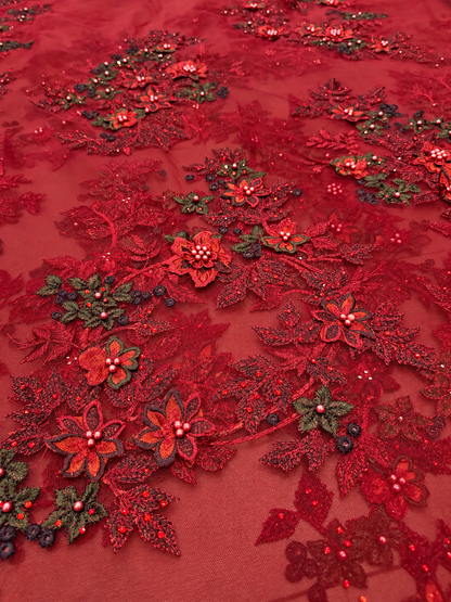 Arissa Beaded 3D Tulle Floral Fabric - Burgundy