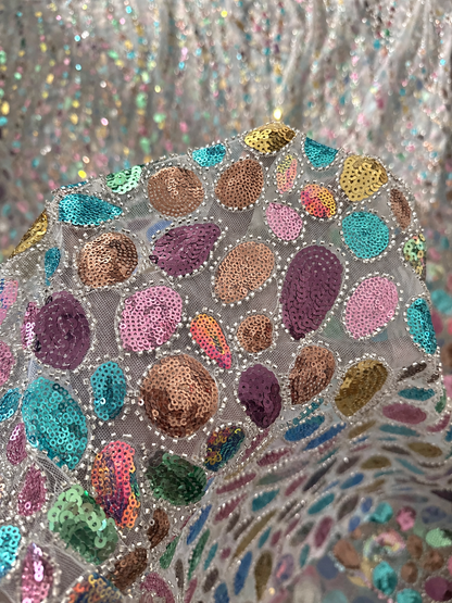 Uston Quality Beaded Sequin Fabric - White Multi
