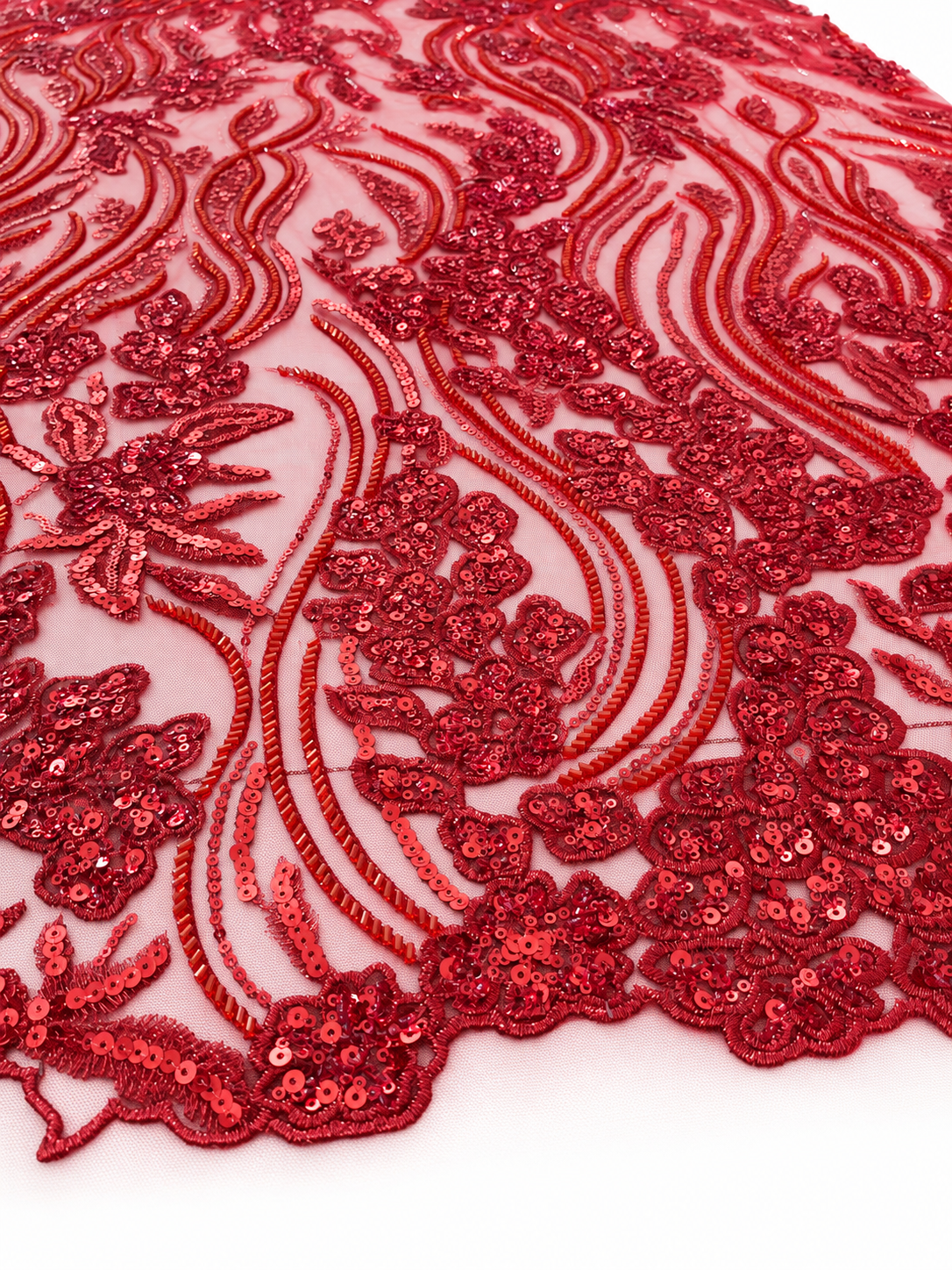 Ackley Beaded Tulle Floral Fabric - Red
