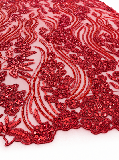 Ackley Beaded Tulle Floral Fabric - Red